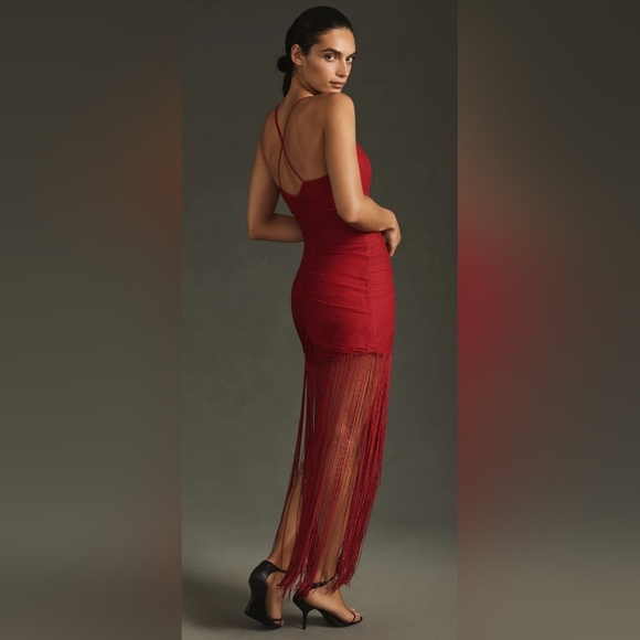 Anthropologie Vineet Bahl Sleeveless V-Neck Fringe Maxi Dress in Red - Picture 2 of 16